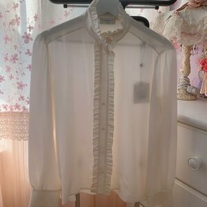 Sandro Paris Hanni Ruffled Button-Up Blouse in White Silk